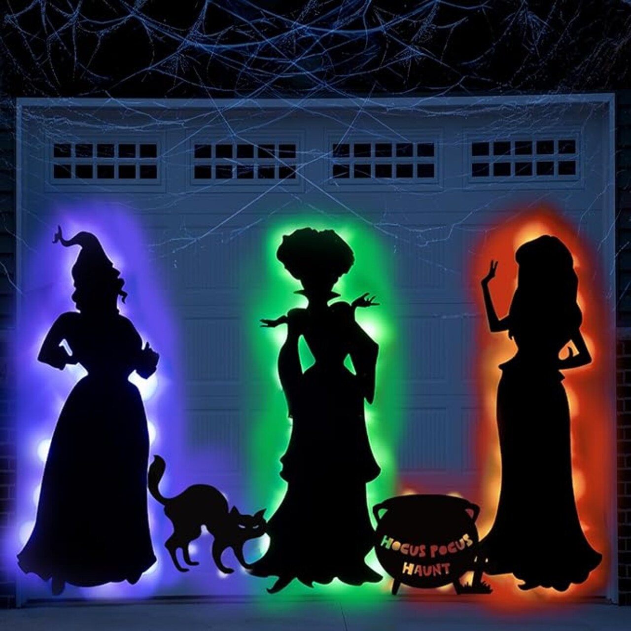 Hocus Pocus Halloween Decorations Outdoor, 5Pcs Halloween Large Black Hocus Pocus Witches Cauldron Cat Silhouette with Led Lights for Outside Halloween Garage Door Wall Yard Lawn Decor